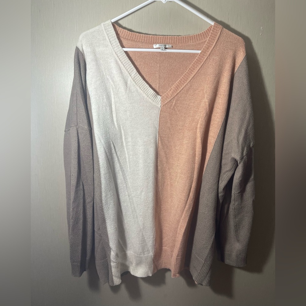 Jodifl boutique color block v neck sweater Dolman peach brown white large READ
